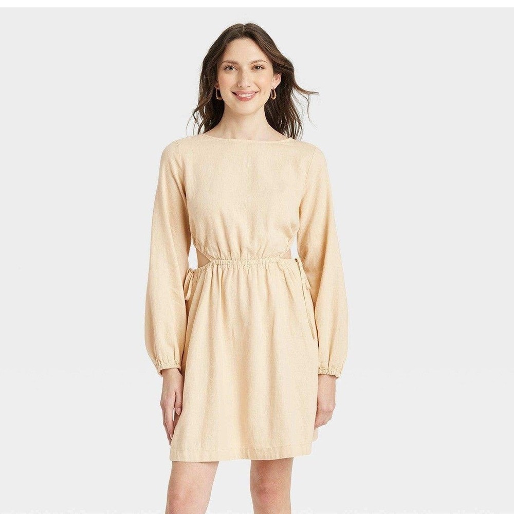 Universal Thread Cut Out Mini Dress Womens Medium Yellow Linen Blend Long Sleeve